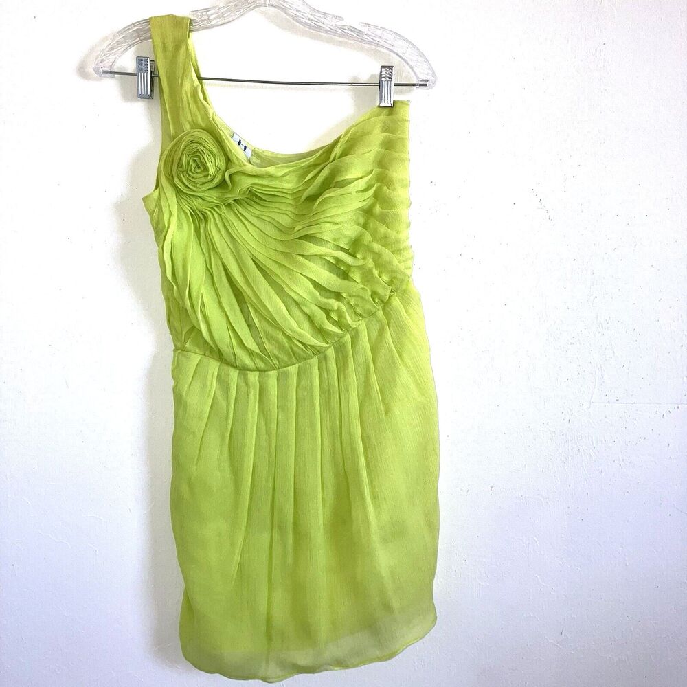 HALSTON 4 100% Silk Chiffon Lime Green One Shoulder Fit & Flare Dress